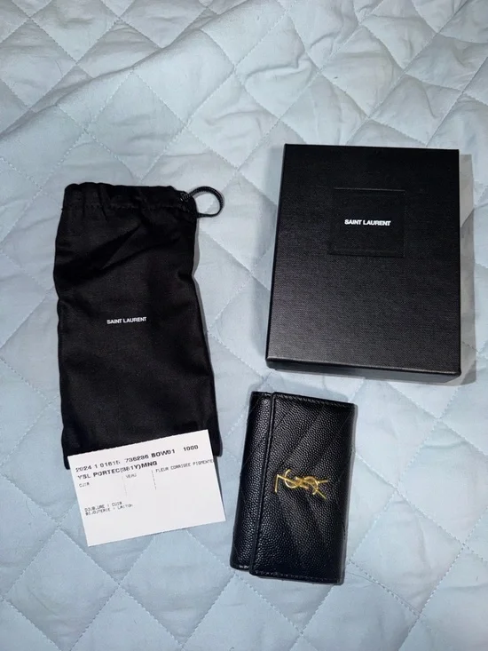 Saint Laurent Black Leather Key & Card Holder with Gold YSL Logo - Picture 1 of 8